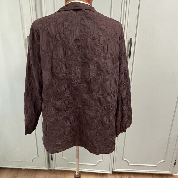 Eileen Fisher Brown Silk Open Front Embroidered Jacket Size Medium Quiet Luxury - Picture 3 of 5